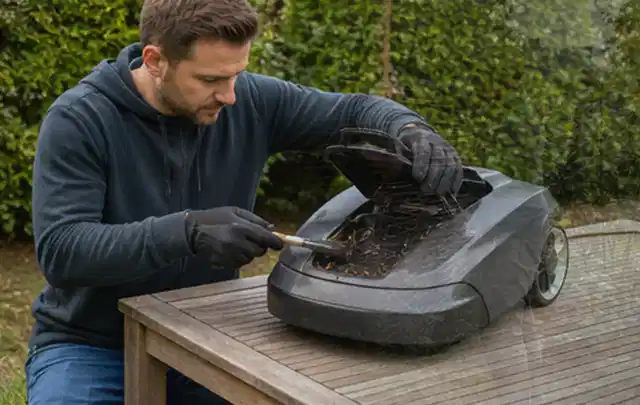 Person wartet einen geöffneten Mähroboter auf einem stabilen Gartentisch; Thema Heckenscheren, Schwerpunkt Gärten mit großer Fläche; Ausgangslage.