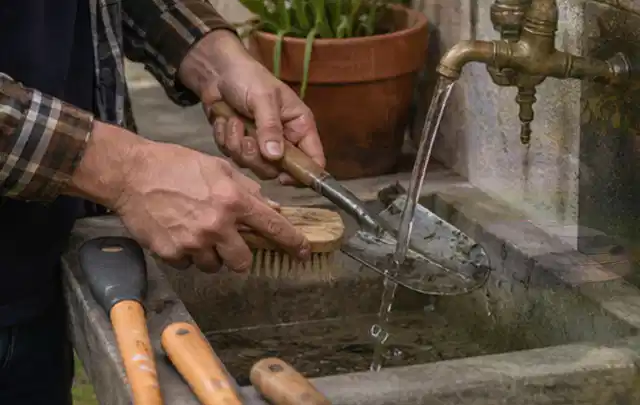 Hände reinigen gebrauchte Gartengeräte mit Bürste und Wasser am Außenbecken; Thema Heckenscheren, Schwerpunkt Gärten mit großer Fläche; Umsetzung.
