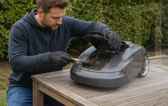 Person wartet einen geöffneten Mähroboter auf einem stabilen Gartentisch; Thema Heckenscheren, Schwerpunkt Kaufberatung; Umsetzung.