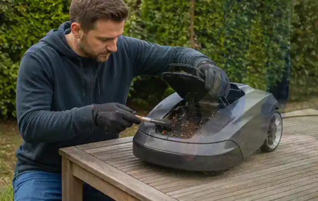 Person wartet einen geöffneten Mähroboter auf einem stabilen Gartentisch; Thema Heckenscheren, Schwerpunkt Leistung; Kontrolle.