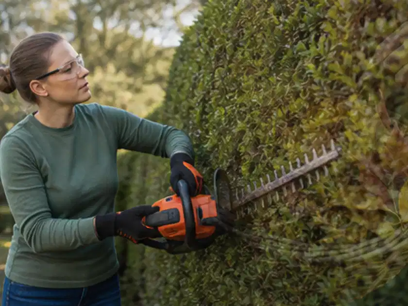 Person schneidet eine dichte Gartenhecke mit Schutzbrille und sicherem Stand; Thema Heckenscheren, Schwerpunkt Reinigung; Titelbild.