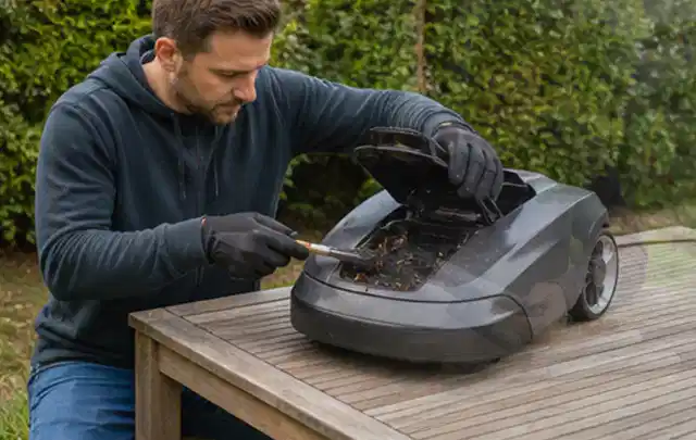 Person wartet einen geöffneten Mähroboter auf einem stabilen Gartentisch; Thema Heckenscheren, Schwerpunkt Reinigung; Praxisalltag.