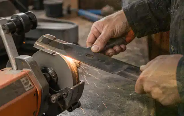 Person schärft ein ausgebautes Rasenmähermesser an einer Werkbank; Thema Heckenscheren, Schwerpunkt Reparatur; Kontrolle.