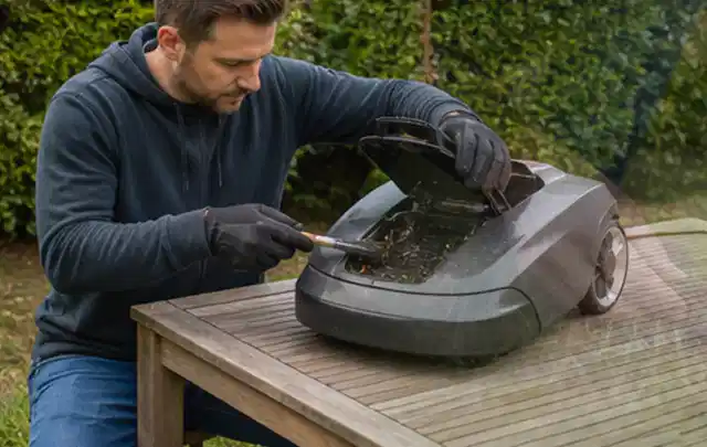 Person wartet einen geöffneten Mähroboter auf einem stabilen Gartentisch; Thema Heckenscheren, Schwerpunkt Sicherheit; Ausgangslage.