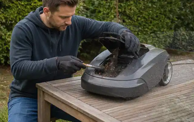 Person wartet einen geöffneten Mähroboter auf einem stabilen Gartentisch; Thema Heckenscheren, Schwerpunkt Systemvergleich; Ergebnis.