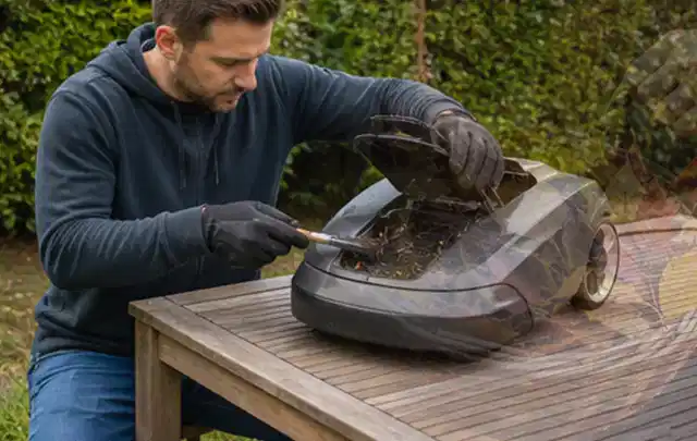 Person wartet einen geöffneten Mähroboter auf einem stabilen Gartentisch; Thema Heckenscheren, Schwerpunkt Testkriterien; Ausgangslage.
