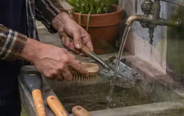 Hände reinigen gebrauchte Gartengeräte mit Bürste und Wasser am Außenbecken; Thema Heckenscheren, Schwerpunkt Testkriterien; Ergebnis.