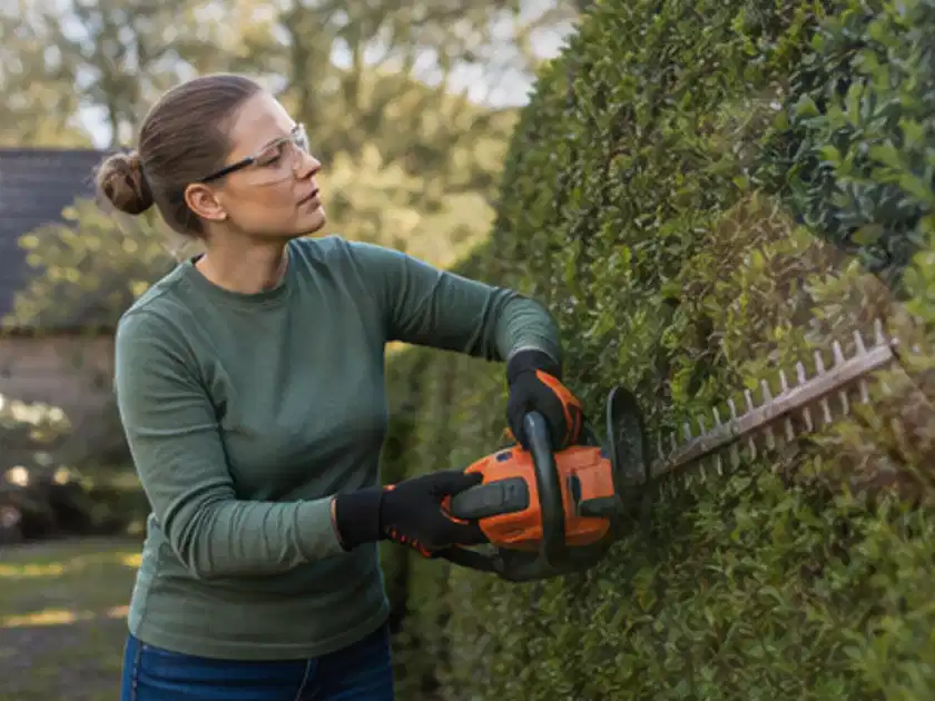 Person schneidet eine dichte Gartenhecke mit Schutzbrille und sicherem Stand; Thema Heckenscheren, Schwerpunkt Wartung; Titelbild.