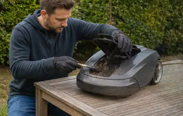 Person wartet einen geöffneten Mähroboter auf einem stabilen Gartentisch; Thema Heckenscheren, Schwerpunkt Winterlager; Umsetzung.