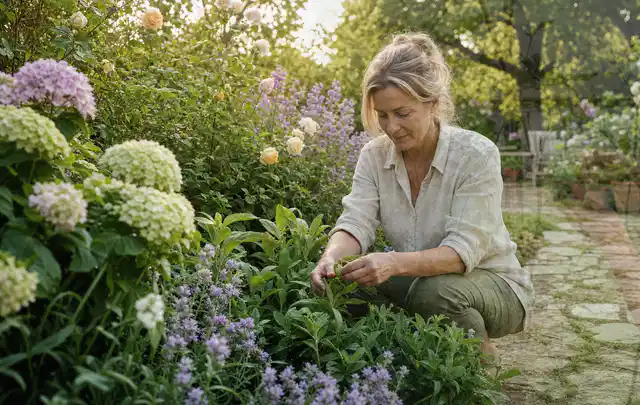 Person pflegt üppige Pflanzen in einem natürlich beleuchteten Garten; Thema Herbstblüher, Schwerpunkt Bewässerung; Umsetzung.