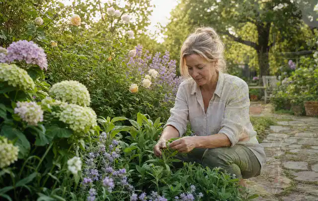Person pflegt üppige Pflanzen in einem natürlich beleuchteten Garten; Thema Herbstblüher, Schwerpunkt Blumen; Ergebnis.
