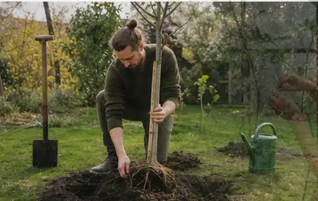 Person setzt einen jungen Zierbaum in ein vorbereitetes Pflanzloch im Garten; Thema Herbstblüher, Schwerpunkt Boden; Umsetzung.