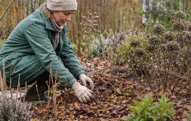 Person verteilt eine schützende Mulchschicht zwischen winterlichen Stauden; Thema Herbstblüher, Schwerpunkt Boden; Kontrolle.