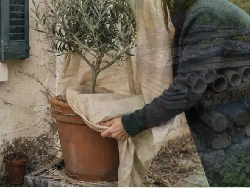 Person umhüllt eine mediterrane Kübelpflanze mit atmungsaktivem Winterschutz; Thema Herbstblüher, Schwerpunkt Düngung; Titelbild.