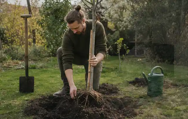 Person setzt einen jungen Zierbaum in ein vorbereitetes Pflanzloch im Garten; Thema Herbstblüher, Schwerpunkt Düngung; Kontrolle.