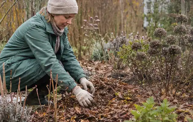 Person verteilt eine schützende Mulchschicht zwischen winterlichen Stauden; Thema Herbstblüher, Schwerpunkt Einsteigerwissen; Ausgangslage.