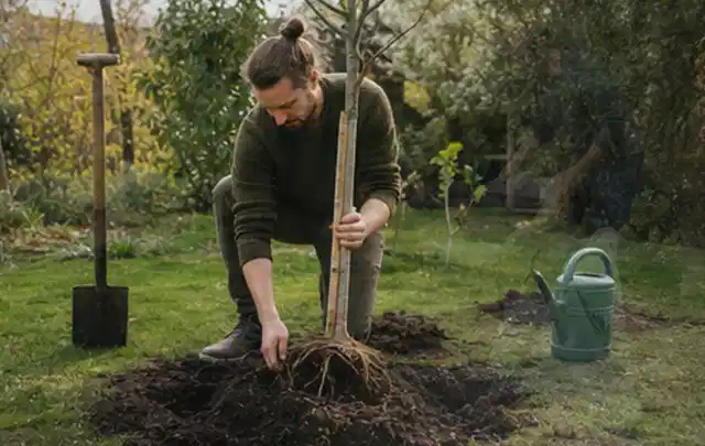 Person setzt einen jungen Zierbaum in ein vorbereitetes Pflanzloch im Garten; Thema Herbstblüher, Schwerpunkt Einsteigerwissen; Umsetzung.