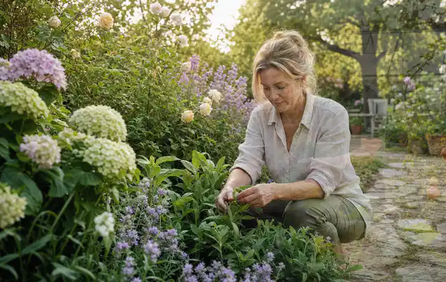 Person pflegt üppige Pflanzen in einem natürlich beleuchteten Garten; Thema Herbstblüher, Schwerpunkt Einsteigerwissen; Ergebnis.