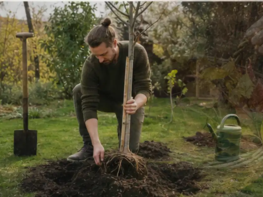Person setzt einen jungen Zierbaum in ein vorbereitetes Pflanzloch im Garten; Thema Herbstblüher, Schwerpunkt Fehlerhilfe; Titelbild.