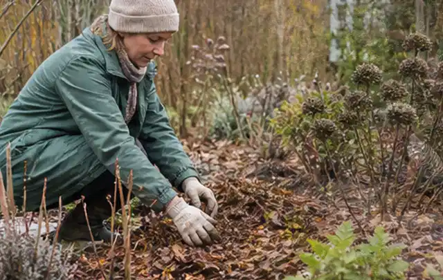 Person verteilt eine schützende Mulchschicht zwischen winterlichen Stauden; Thema Herbstblüher, Schwerpunkt Fehlerhilfe; Ergebnis.