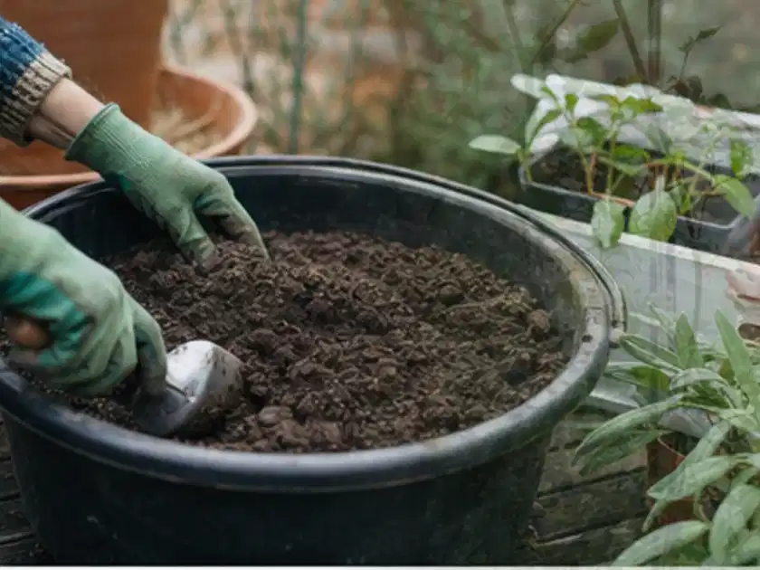 Behandschuhte Hände bereiten lockere Pflanzerde in einem großen Kübel vor; Thema Herbstblüher, Schwerpunkt Gartenpraxis; Titelbild.
