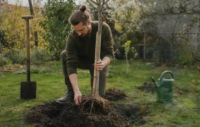 Person setzt einen jungen Zierbaum in ein vorbereitetes Pflanzloch im Garten; Thema Herbstblüher, Schwerpunkt Gartenpraxis; Praxisalltag.