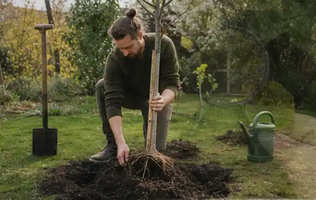 Person setzt einen jungen Zierbaum in ein vorbereitetes Pflanzloch im Garten; Thema Herbstblüher, Schwerpunkt Jahrespflege; Kontrolle.