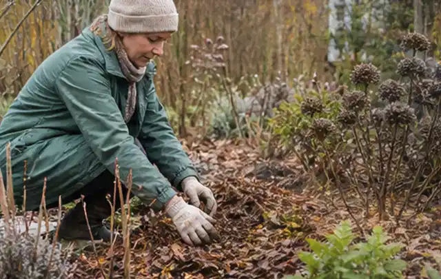 Person verteilt eine schützende Mulchschicht zwischen winterlichen Stauden; Thema Herbstblüher, Schwerpunkt Jahrespflege; Praxisalltag.