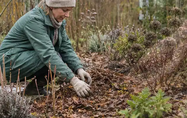 Person verteilt eine schützende Mulchschicht zwischen winterlichen Stauden; Thema Herbstblüher, Schwerpunkt Kaufberatung; Kontrolle.