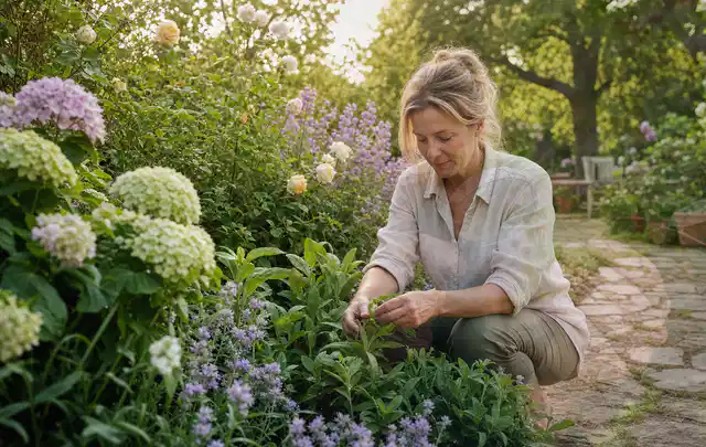 Person pflegt üppige Pflanzen in einem natürlich beleuchteten Garten; Thema Herbstblüher, Schwerpunkt Kaufberatung; Ergebnis.