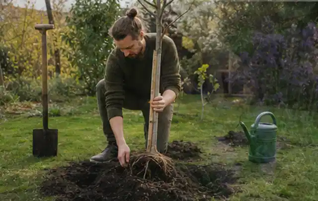 Person setzt einen jungen Zierbaum in ein vorbereitetes Pflanzloch im Garten; Thema Herbstblüher, Schwerpunkt Pflanzenschutz; Ausgangslage.