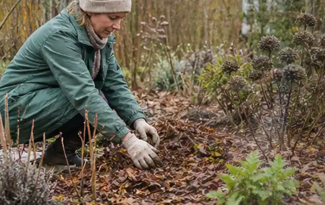 Person verteilt eine schützende Mulchschicht zwischen winterlichen Stauden; Thema Herbstblüher, Schwerpunkt Pflanzenschutz; Kontrolle.