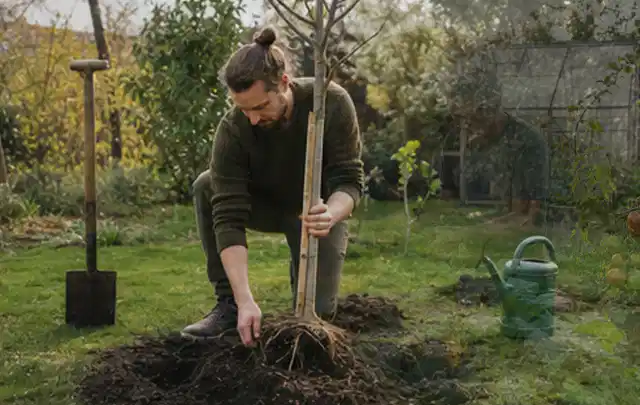 Person setzt einen jungen Zierbaum in ein vorbereitetes Pflanzloch im Garten; Thema Herbstblüher, Schwerpunkt Pflanzpartner; Ergebnis.