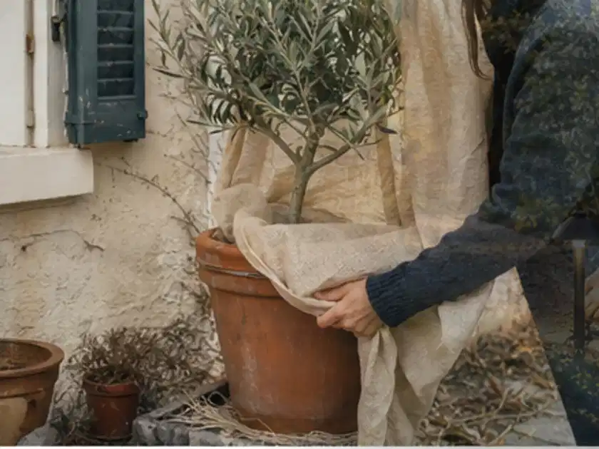 Person umhüllt eine mediterrane Kübelpflanze mit atmungsaktivem Winterschutz; Thema Herbstblüher, Schwerpunkt Rückschnitt; Titelbild.