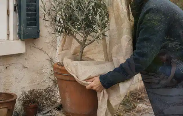 Person umhüllt eine mediterrane Kübelpflanze mit atmungsaktivem Winterschutz; Thema Herbstblüher, Schwerpunkt Sortenwahl; Ergebnis.