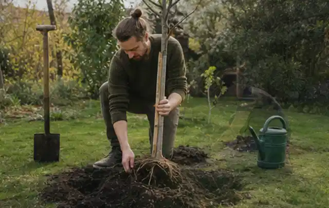 Person setzt einen jungen Zierbaum in ein vorbereitetes Pflanzloch im Garten; Thema Herbstblüher, Schwerpunkt Standort; Kontrolle.