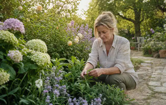 Person pflegt üppige Pflanzen in einem natürlich beleuchteten Garten; Thema Herbstblüher, Schwerpunkt Topfkultur; Kontrolle.