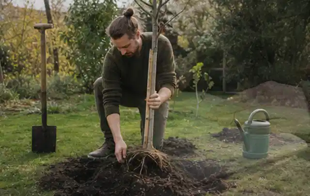 Person setzt einen jungen Zierbaum in ein vorbereitetes Pflanzloch im Garten; Thema Herbstblüher, Schwerpunkt Vermehrung; Praxisalltag.