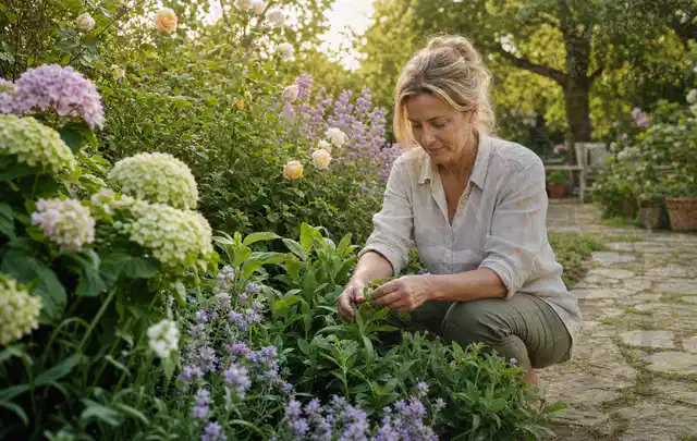 Person pflegt üppige Pflanzen in einem natürlich beleuchteten Garten; Thema Herbstblüher, Schwerpunkt Wachstum; Ausgangslage.