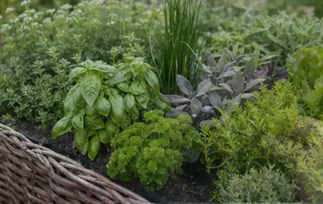 Dichtes Hochbeet mit Basilikum Schnittlauch Petersilie Salbei und weiteren Küchenkräutern; Thema Himbeeren, Schwerpunkt Anbau; Praxisalltag.