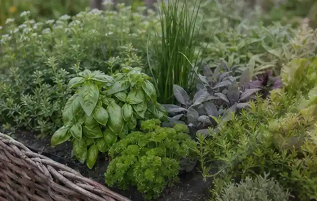 Dichtes Hochbeet mit Basilikum Schnittlauch Petersilie Salbei und weiteren Küchenkräutern; Thema Himbeeren, Schwerpunkt Balkongarten; Kontrolle.