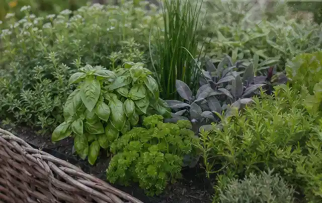Dichtes Hochbeet mit Basilikum Schnittlauch Petersilie Salbei und weiteren Küchenkräutern; Thema Himbeeren, Schwerpunkt Bewässerung; Kontrolle.