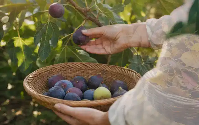 Hand pflückt eine reife Feige über einem flachen Korb mit Früchten; Thema Himbeeren, Schwerpunkt Einsteigerwissen; Umsetzung.