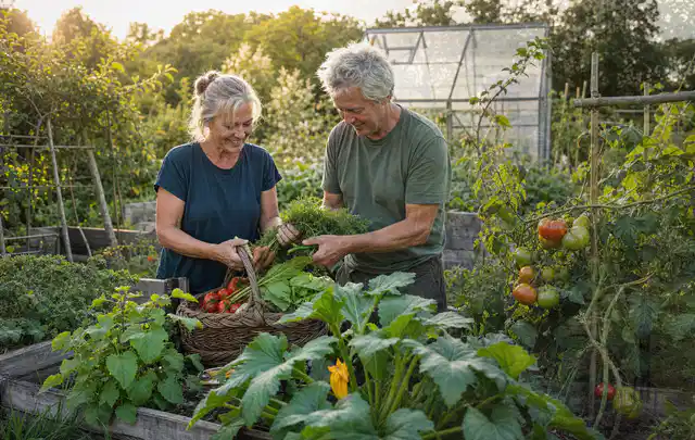 Zwei Personen ernten gemeinsam Gemüse in einem sonnigen Nutzgarten; Thema Himbeeren, Schwerpunkt Einsteigerwissen; Praxisalltag.