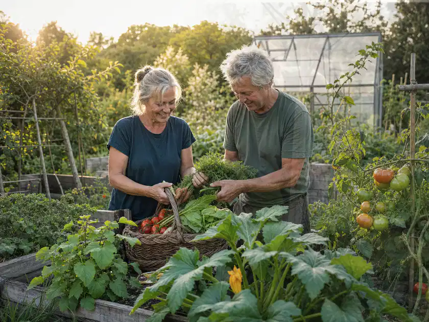 Zwei Personen ernten gemeinsam Gemüse in einem sonnigen Nutzgarten; Thema Himbeeren, Schwerpunkt Ernte; Titelbild.