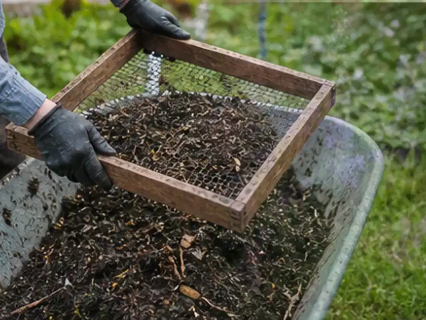 Behandschuhte Hände sieben reifen Kompost über einer Gartenschubkarre; Thema Himbeeren, Schwerpunkt Ernteprobleme; Titelbild.