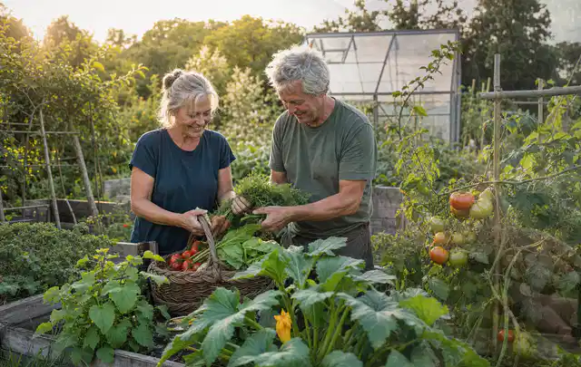 Zwei Personen ernten gemeinsam Gemüse in einem sonnigen Nutzgarten; Thema Himbeeren, Schwerpunkt Ernteprobleme; Kontrolle.