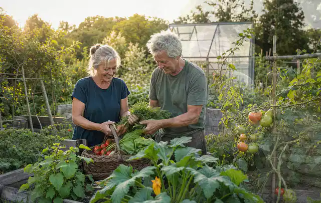 Zwei Personen ernten gemeinsam Gemüse in einem sonnigen Nutzgarten; Thema Himbeeren, Schwerpunkt Fehlerhilfe; Praxisalltag.