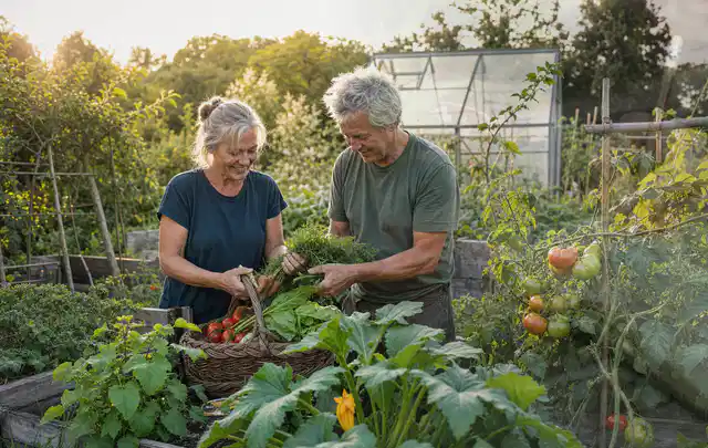 Zwei Personen ernten gemeinsam Gemüse in einem sonnigen Nutzgarten; Thema Himbeeren, Schwerpunkt Gesundheit; Kontrolle.