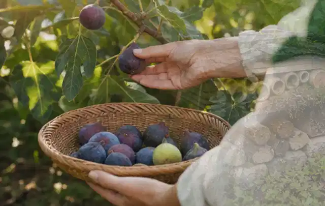 Hand pflückt eine reife Feige über einem flachen Korb mit Früchten; Thema Himbeeren, Schwerpunkt Hochbeet; Umsetzung.